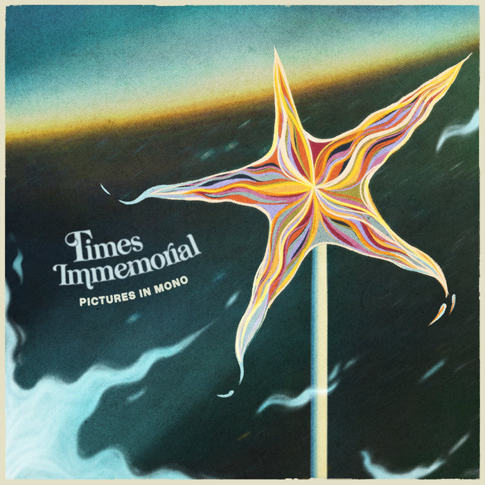 Times Immemorial cover: a striped psychedelic flower over a teal sea and sky.